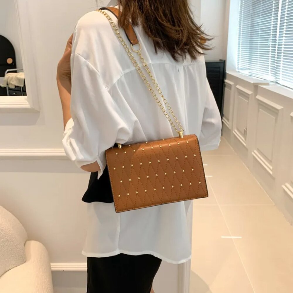 Rivet Detail Studded Chic Crossbody Purse Bag, Cognac Brown